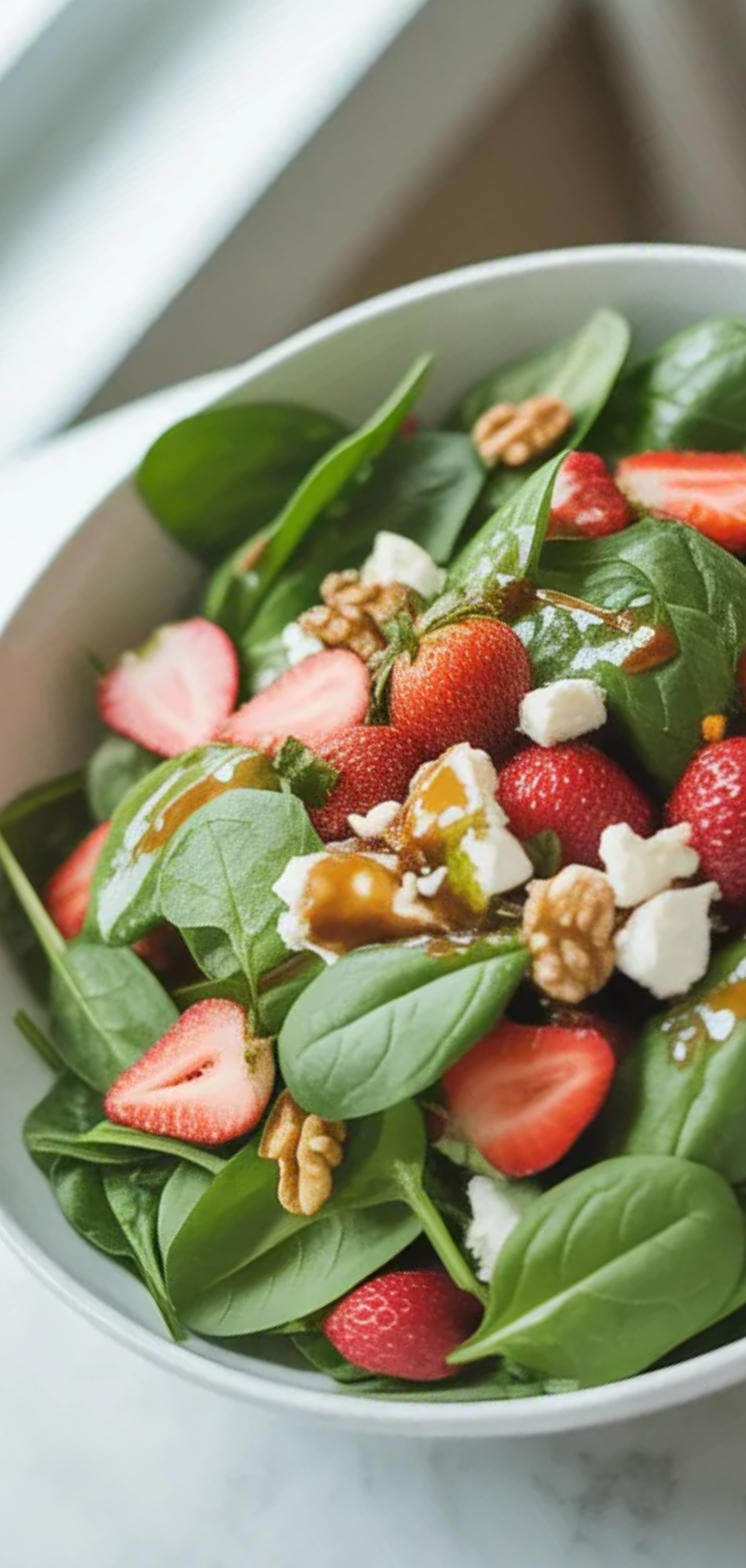 Close-up of a fresh Strawberry Spinach Salad with spinach, strawberries, feta cheese, and walnuts, lightly dressed and served on a white marble background.