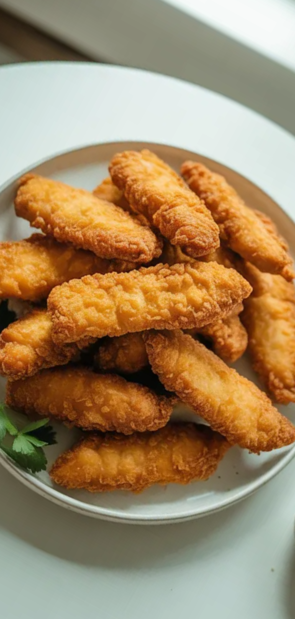 Close-up of juicy crispy chicken tenders with golden crust served with dipping sauce on a white table in natural daylight food blog style