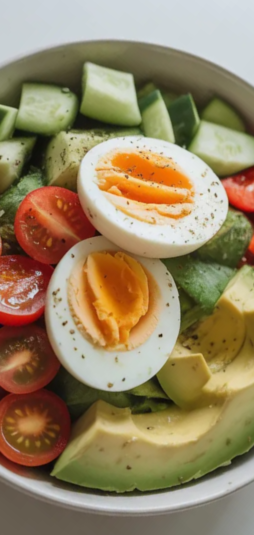 “Protein-packed avocado and egg bowl, vibrant and fresh, served in a clean white bowl like food blogger style.”