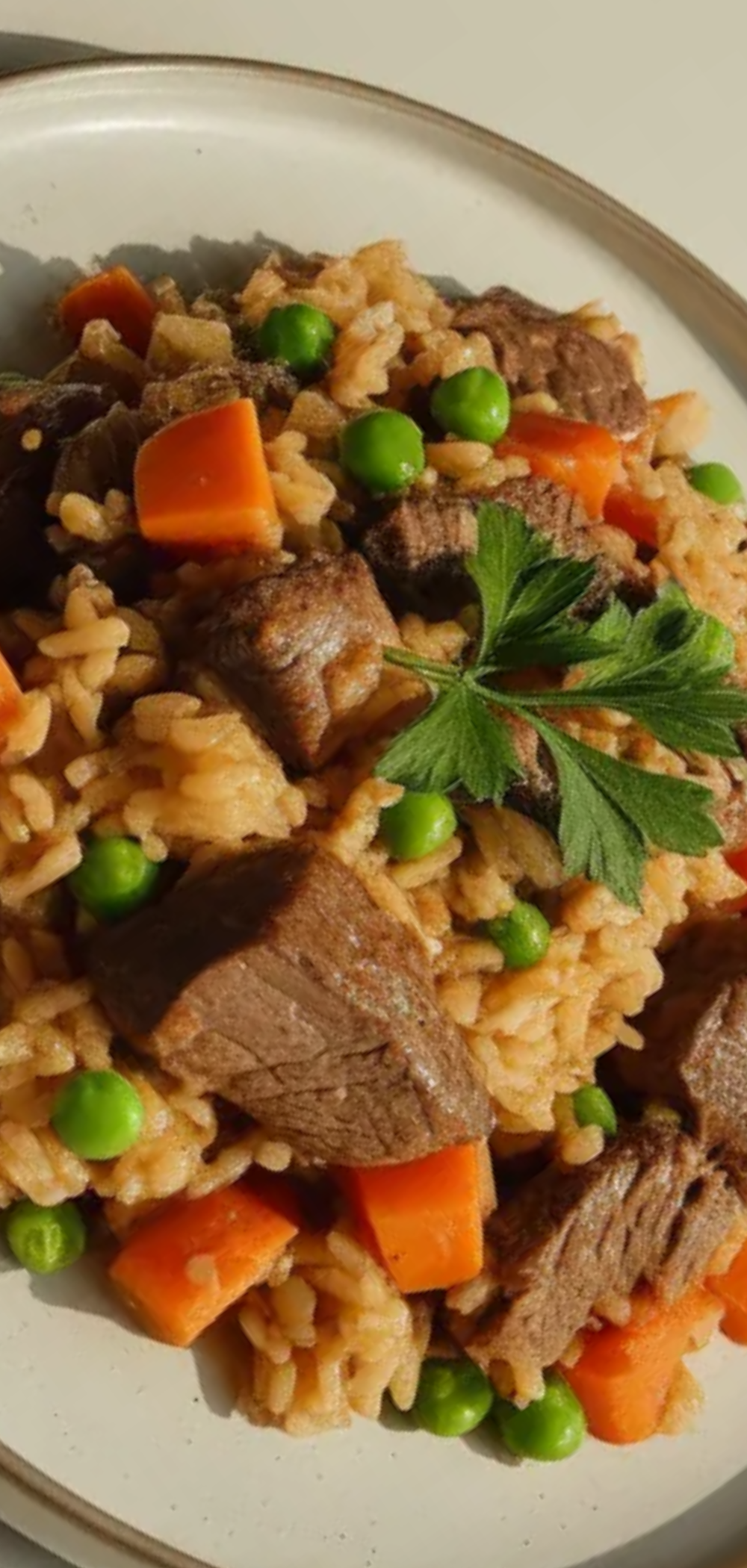 “A colorful plate of One Pot Beef Rice with vegetables, ready to serve, natural daylight.”