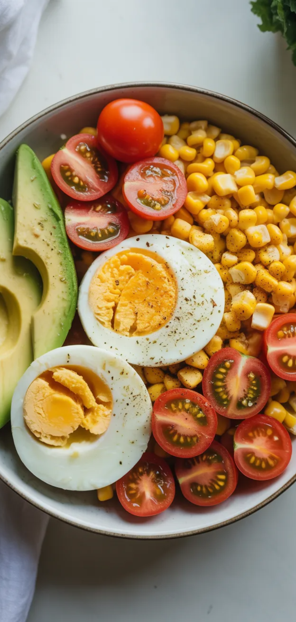 "Vibrant power bowl with eggs, avocado, corn, and fresh spinach on a clean white table, realistic food blogger style"