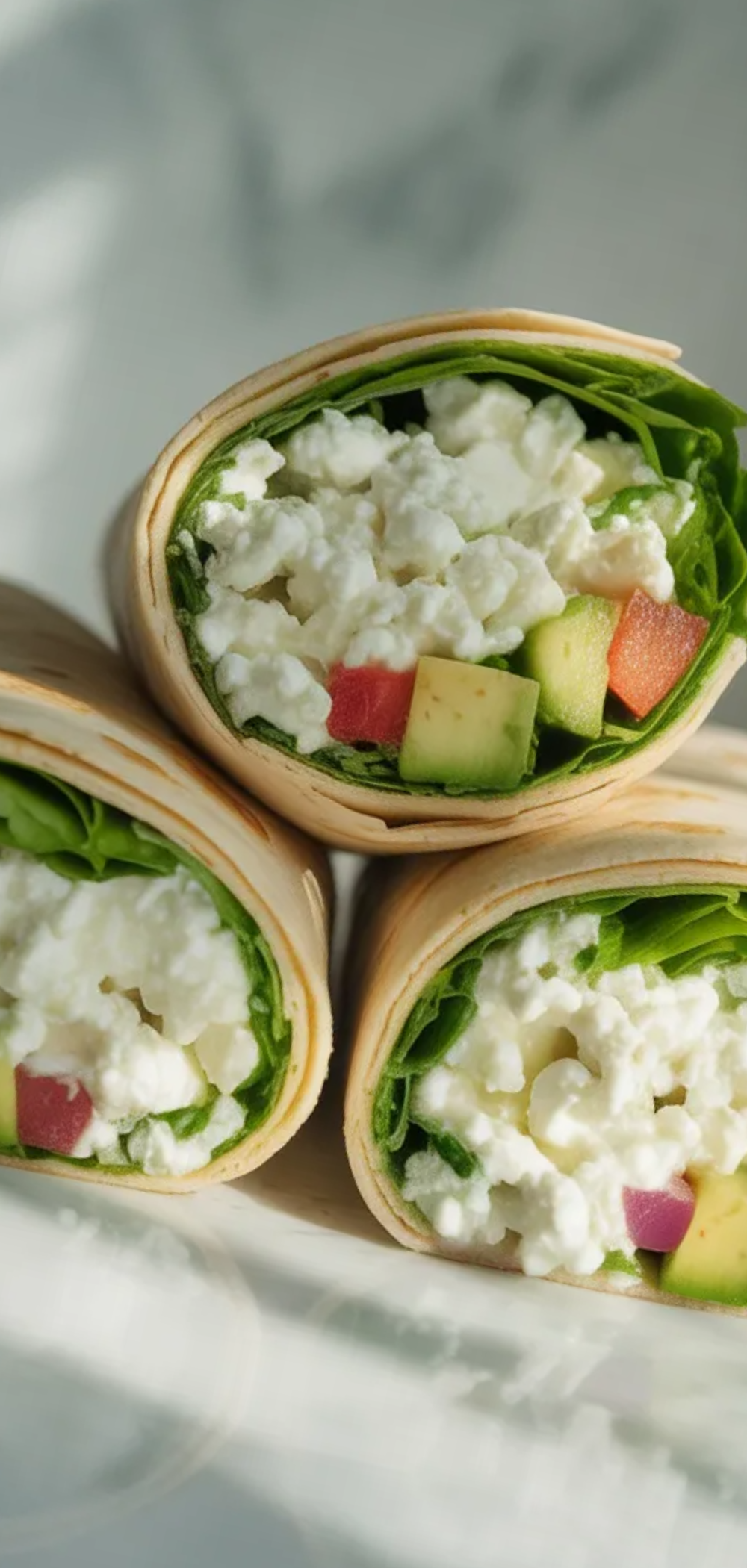 Homemade cottage cheese wraps with creamy filling and fresh veggies in soft light food photography style