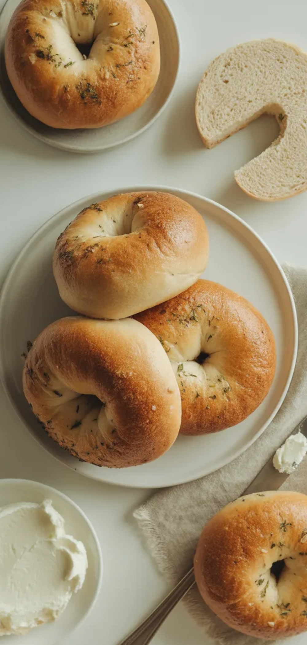 Homemade garlic herb bagels cut in half on a white table with simple styling and no shadows