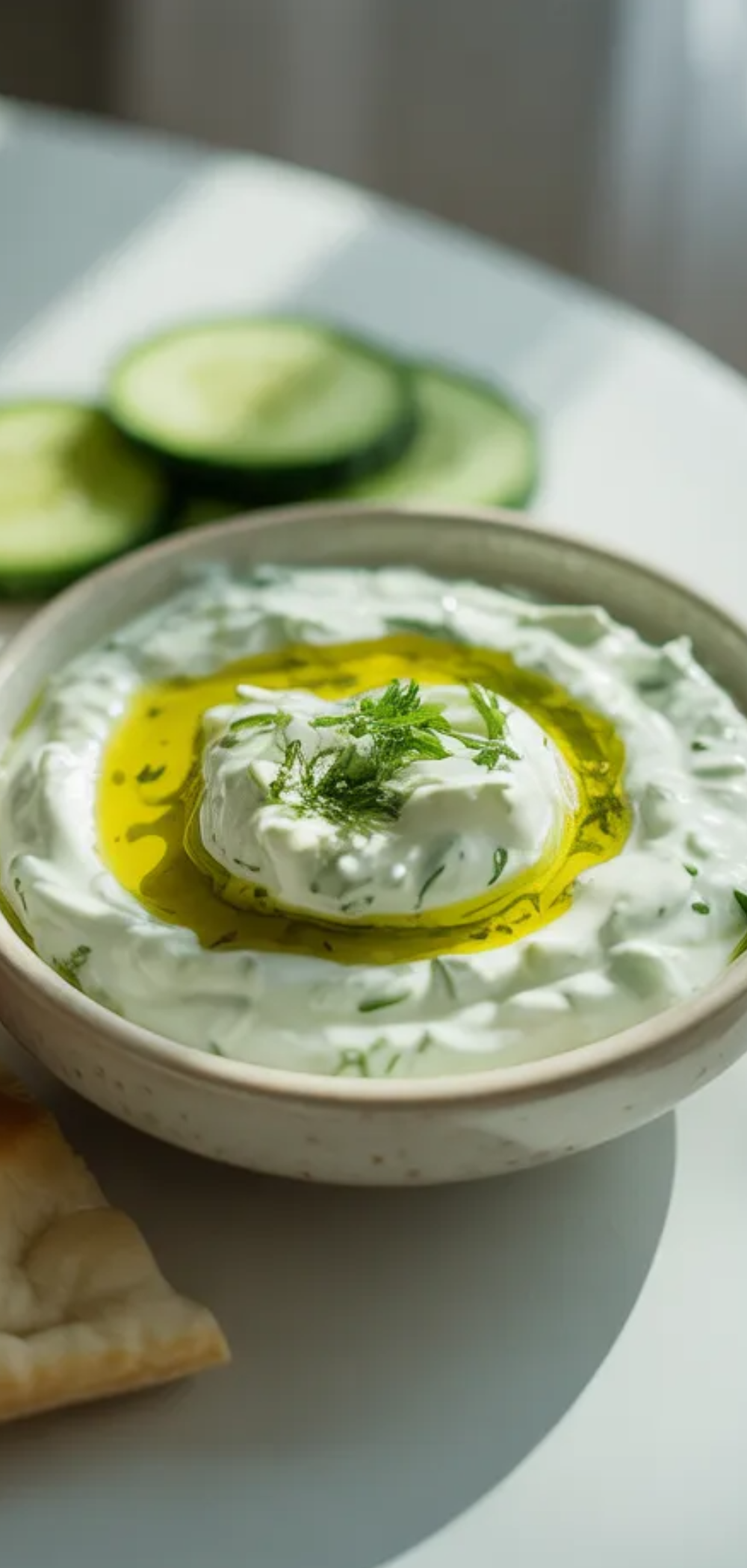 Fresh and healthy Greek yogurt dip with olive oil drizzle and herbs in a small white bowl, bright natural light and simple composition
