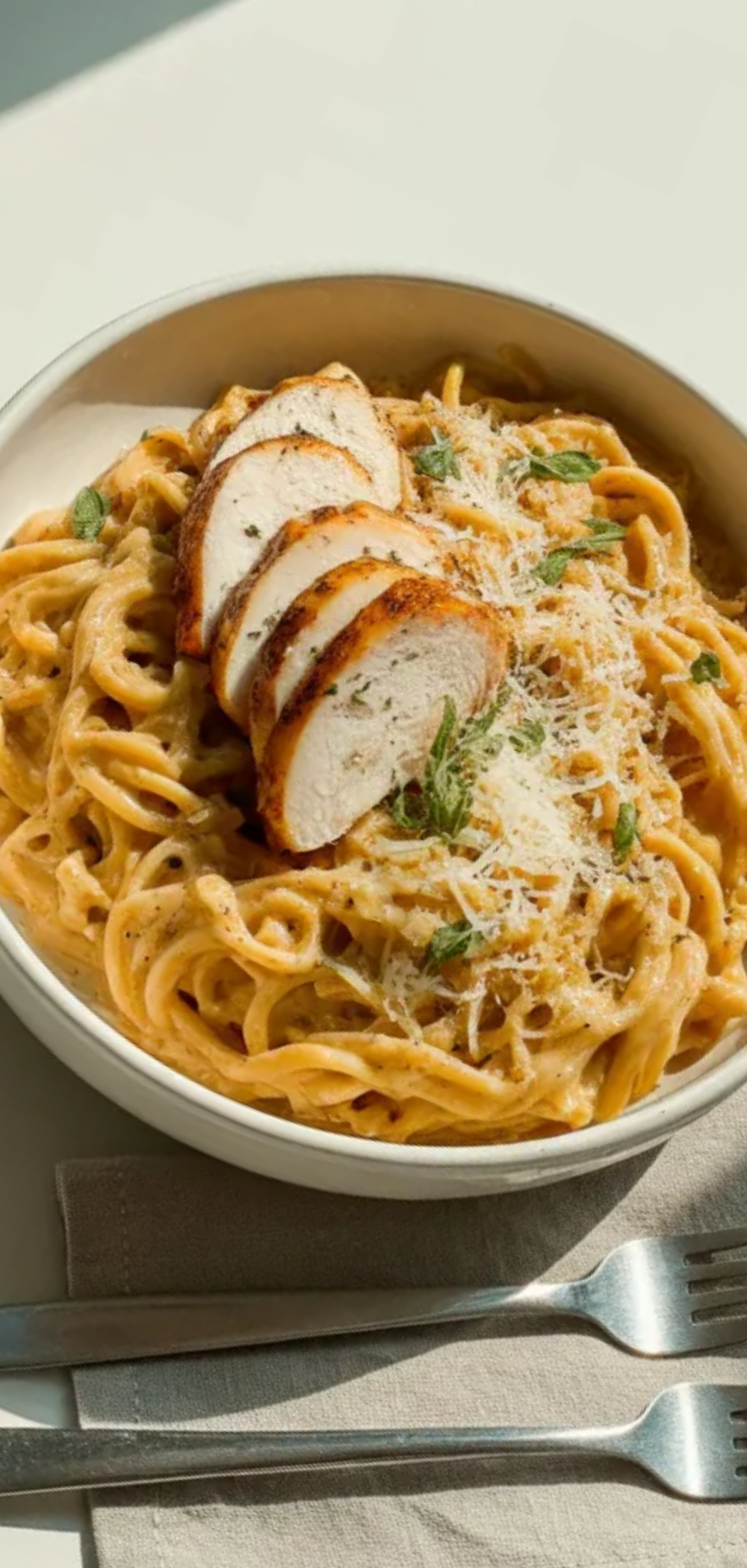 Homemade high protein pasta dish with chicken and parmesan cheese styled on a bright white table with simple kitchen props