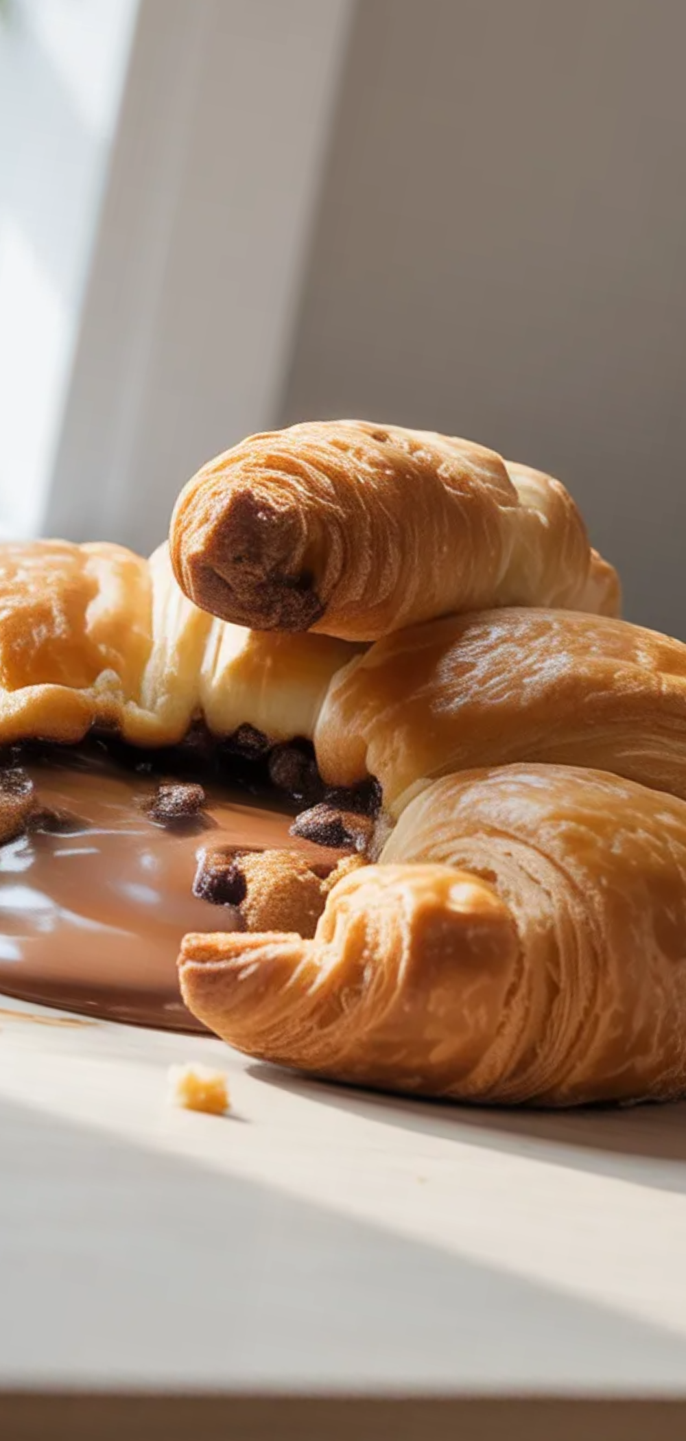 Viral cookie croissant dessert showing gooey chocolate filling and golden crust in natural light food photography style

