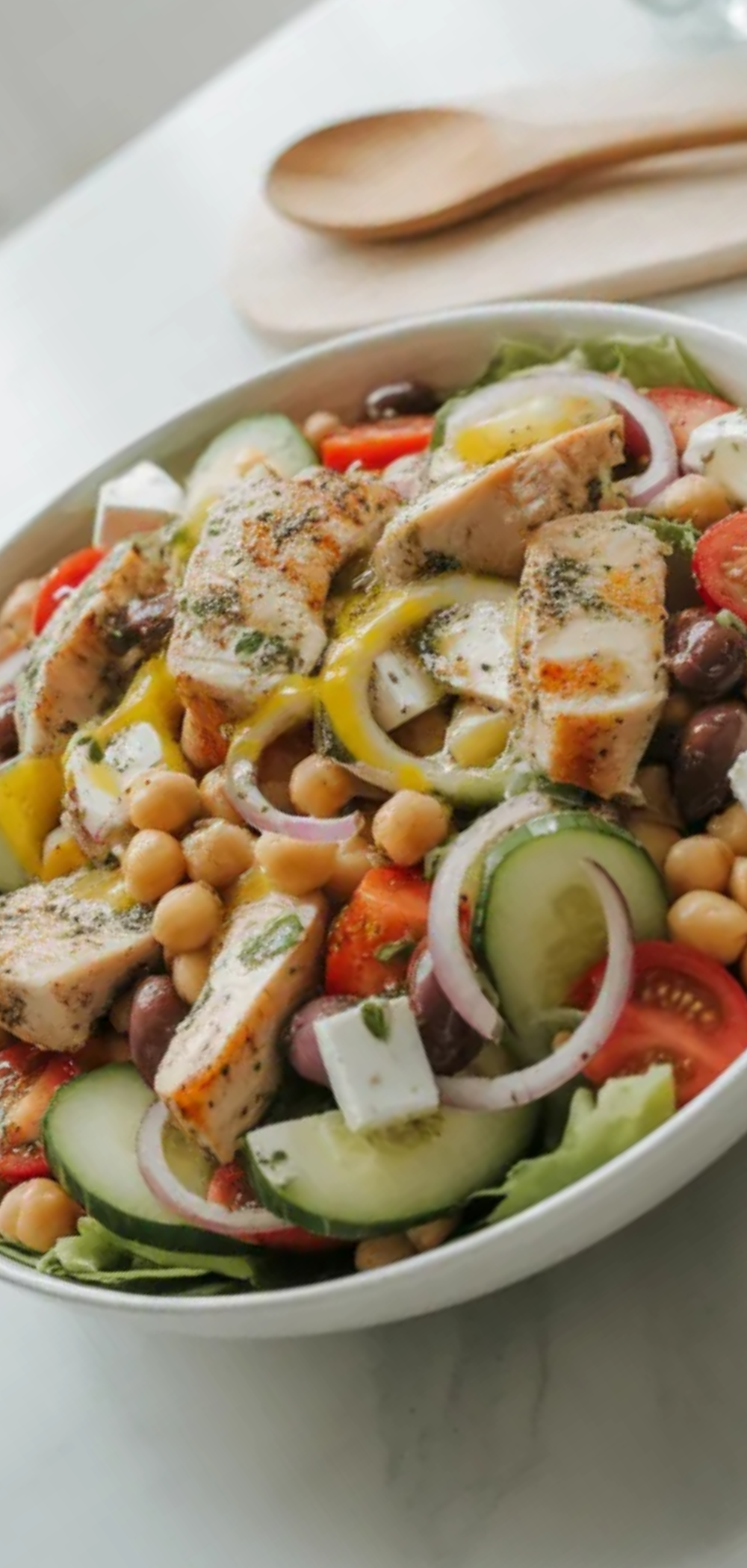 Healthy high protein Greek salad in a ceramic bowl featuring colorful vegetables, chicken, chickpeas, and feta, photographed in bright natural light on a clean white table for a food blog style look.