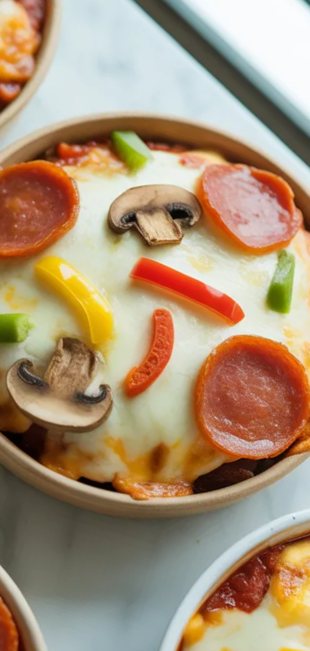 Freshly baked low-carb pizza bowls with golden melted cheese and colorful toppings photographed in a modern food blog style setting

