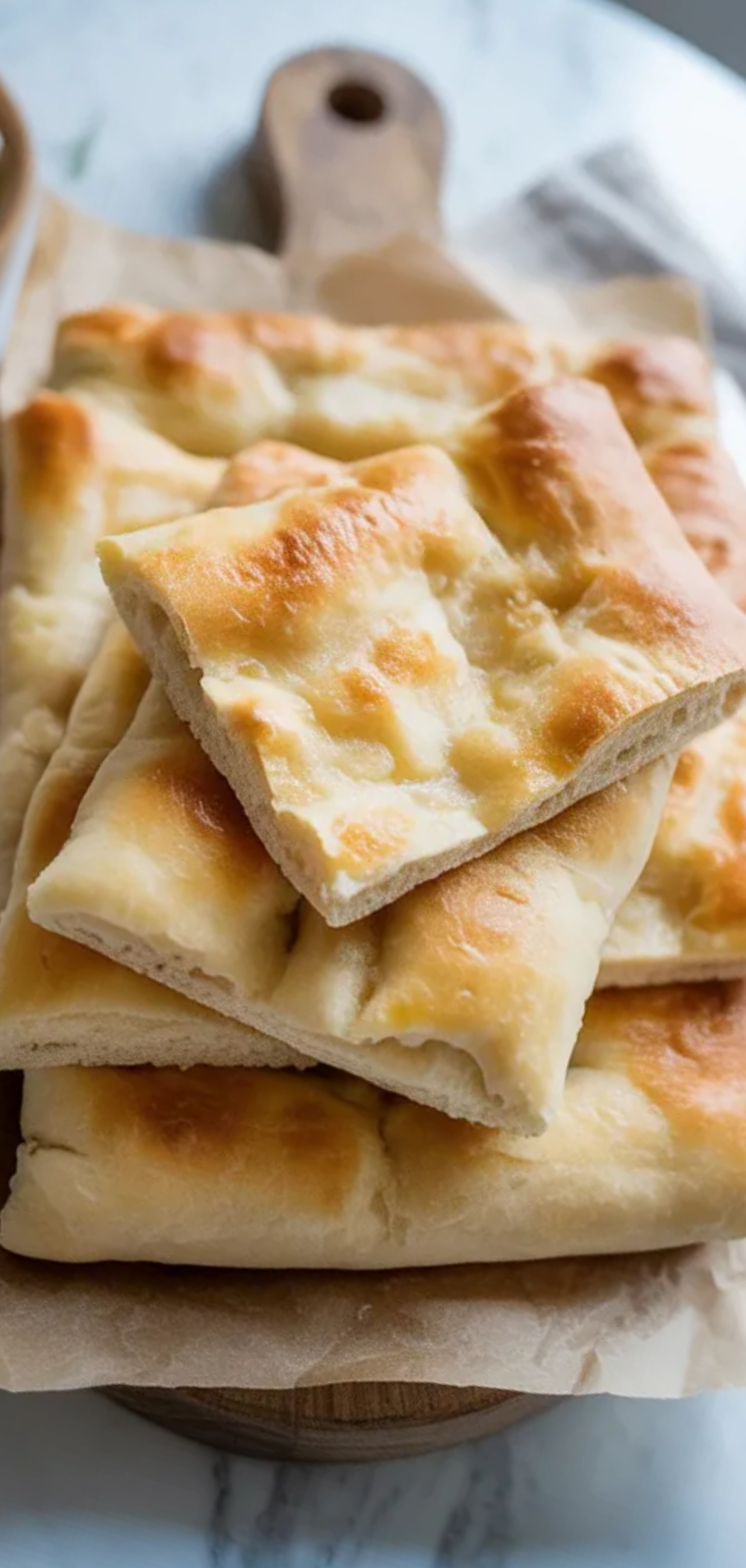 Fresh baked cottage cheese flatbread with soft texture, sliced and arranged on a minimal food blog background
