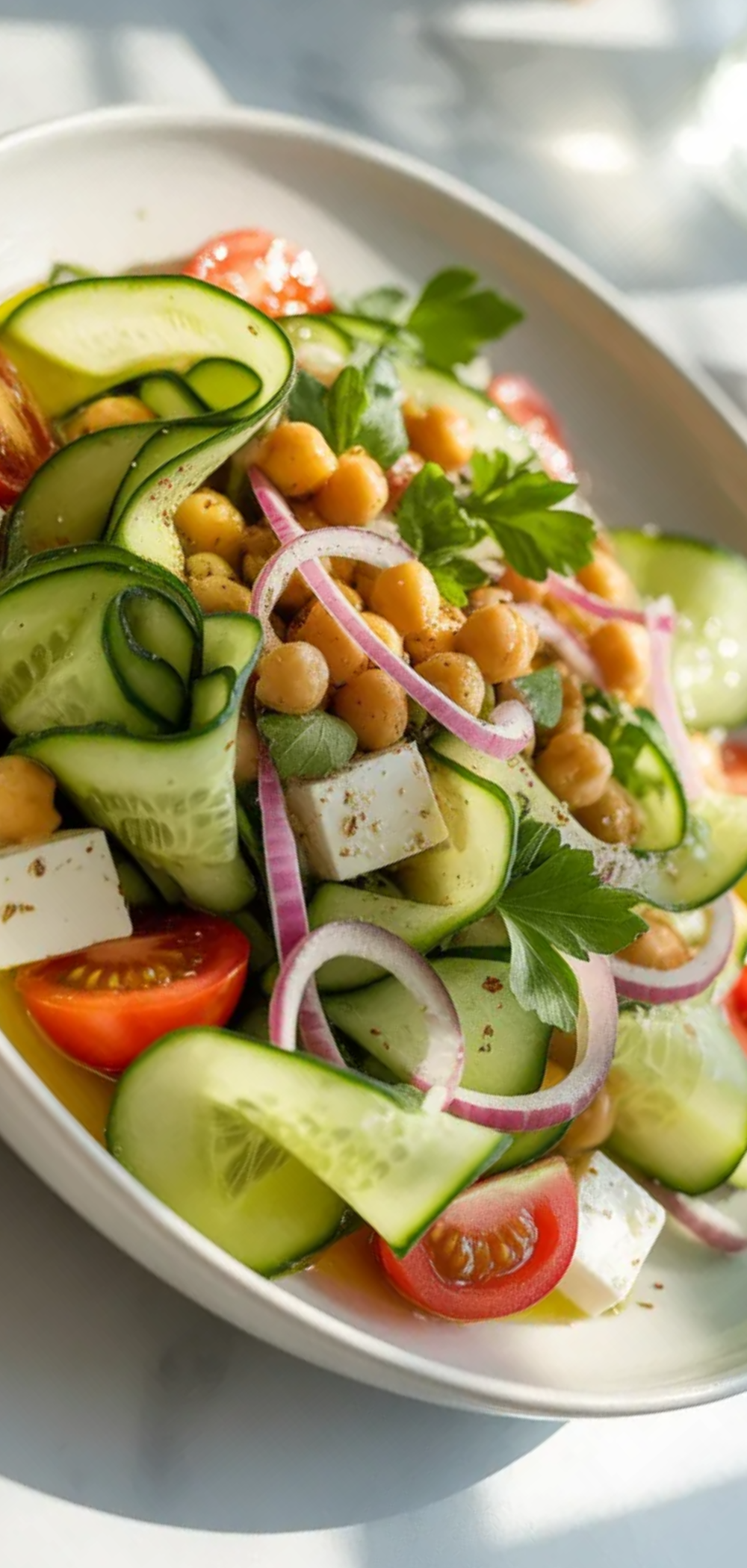 Top view of a light and refreshing cucumber feta salad with cucumbers, feta cheese, onions, and herbs on a white background.
