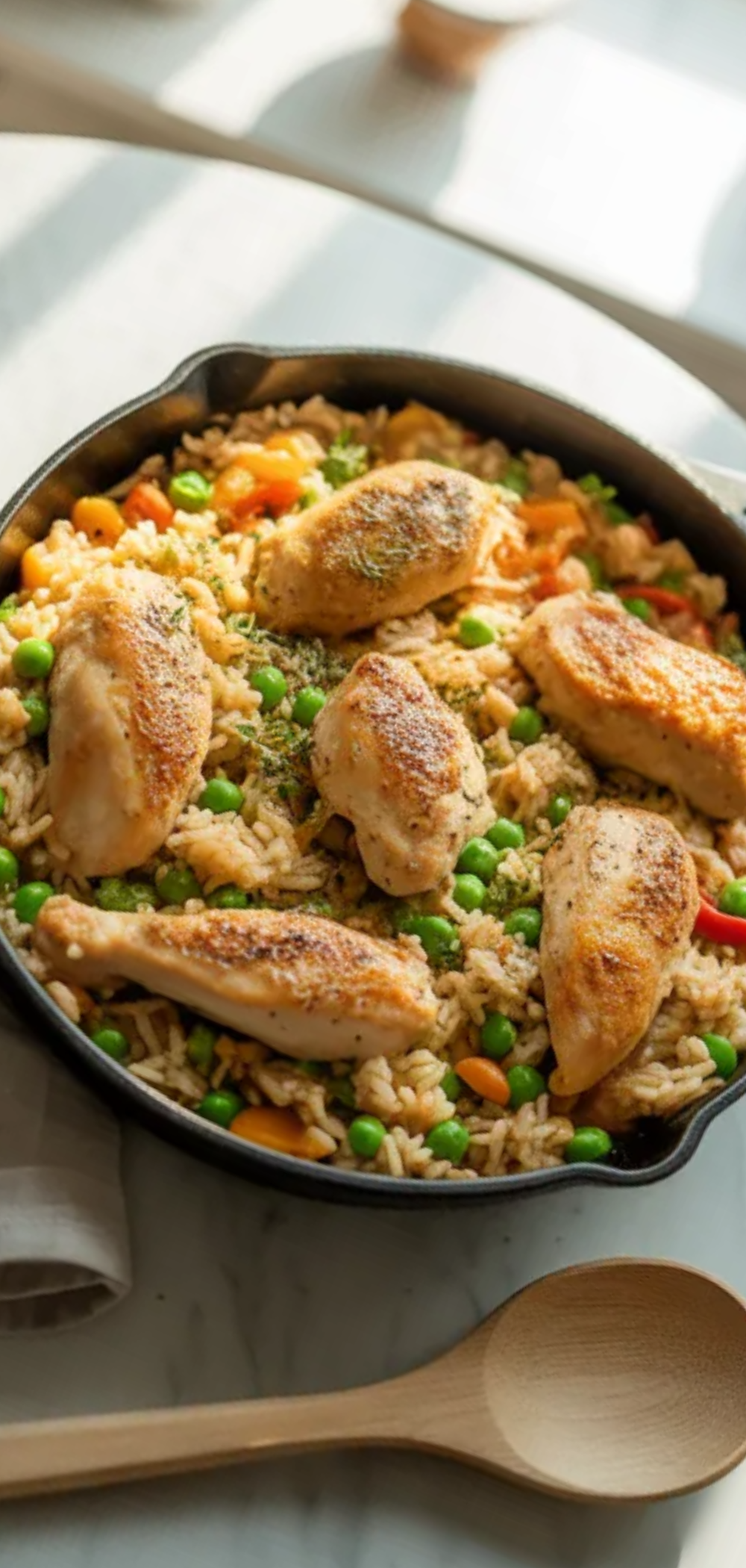 Top view of a cozy one-pan chicken and rice meal served in a skillet on a clean white table, styled like a food blog recipe photo with soft natural light.

