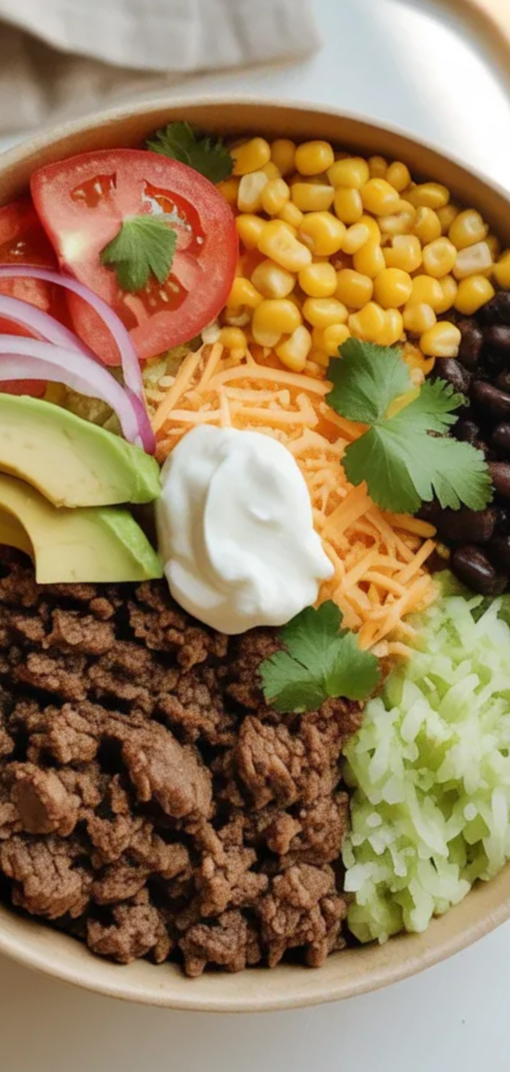 Close-up food photography of a Chipotle-style beef burrito bowl with colorful toppings like avocado, tomato, corn, and cheese, served in a clean white bowl with natural lighting.