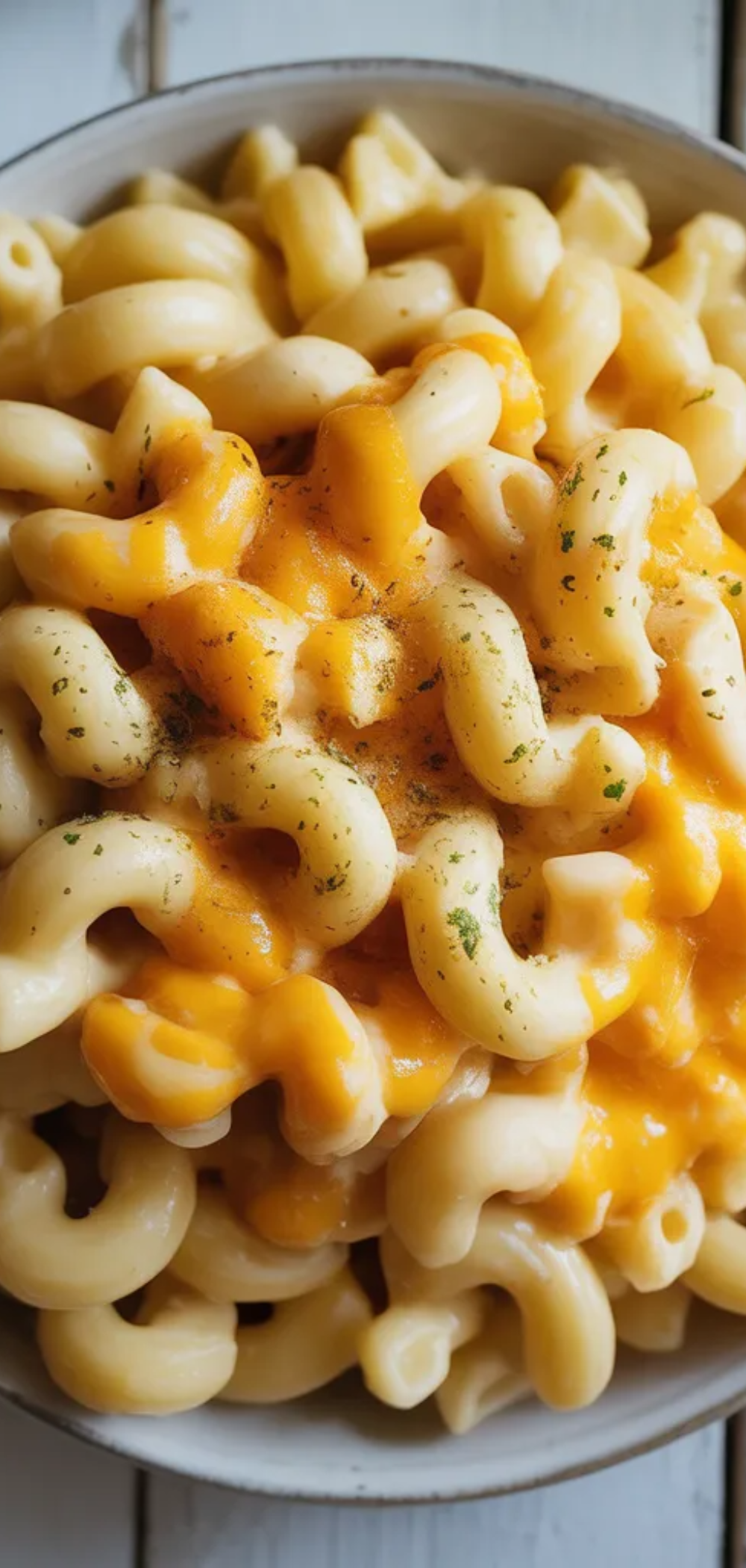 “Homemade creamy mac and cheese in a white ceramic bowl, bright and inviting, perfect comfort food served on a white table.”
