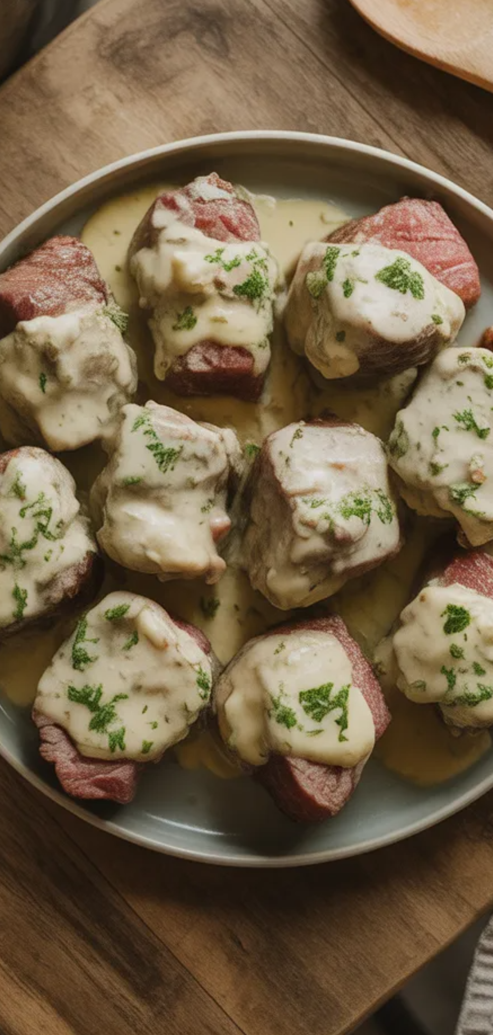 Juicy steak bites cooked in creamy garlic butter sauce on a white table with soft natural lighting