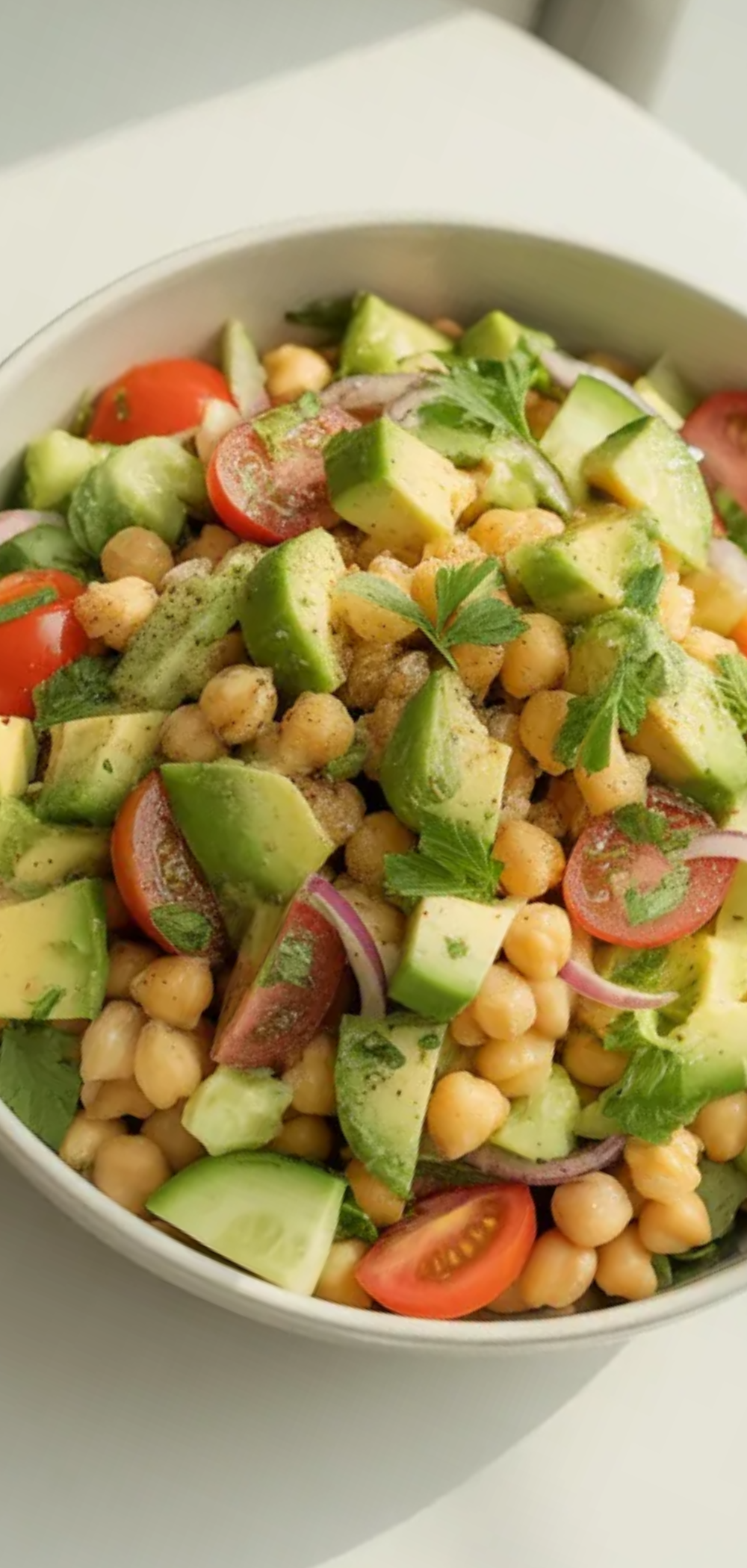 No-cook chickpea avocado salad with olive oil dressing on a minimal white background