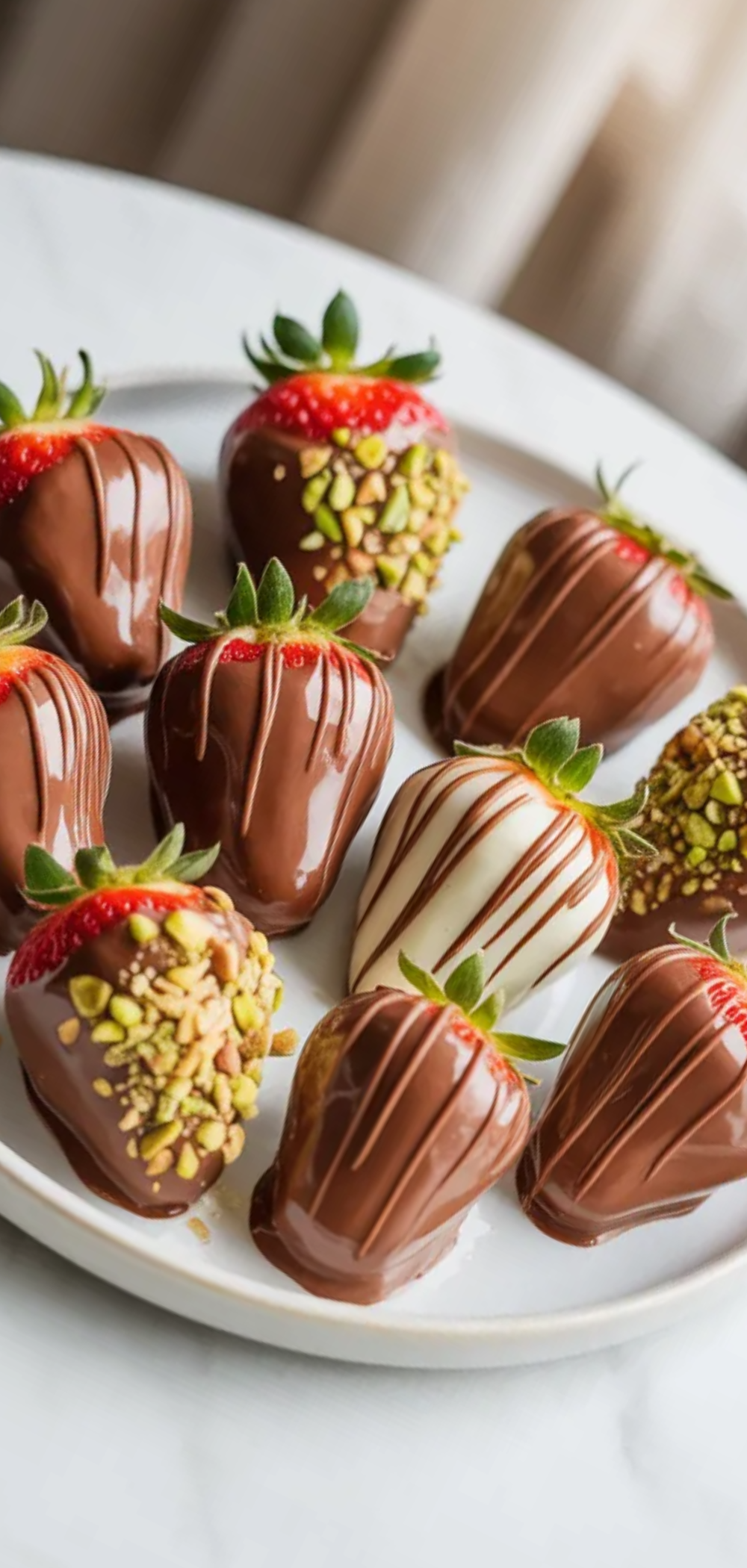 A realistic food blogger-style shot of chocolate-covered strawberries with pistachios and kunafa, softly lit by natural light.