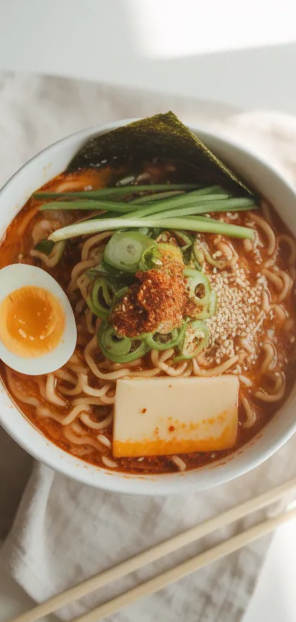 Top-down view of creamy spicy ramen in a bowl with chopsticks, garnished with green onions and sesame seeds on a white table.

