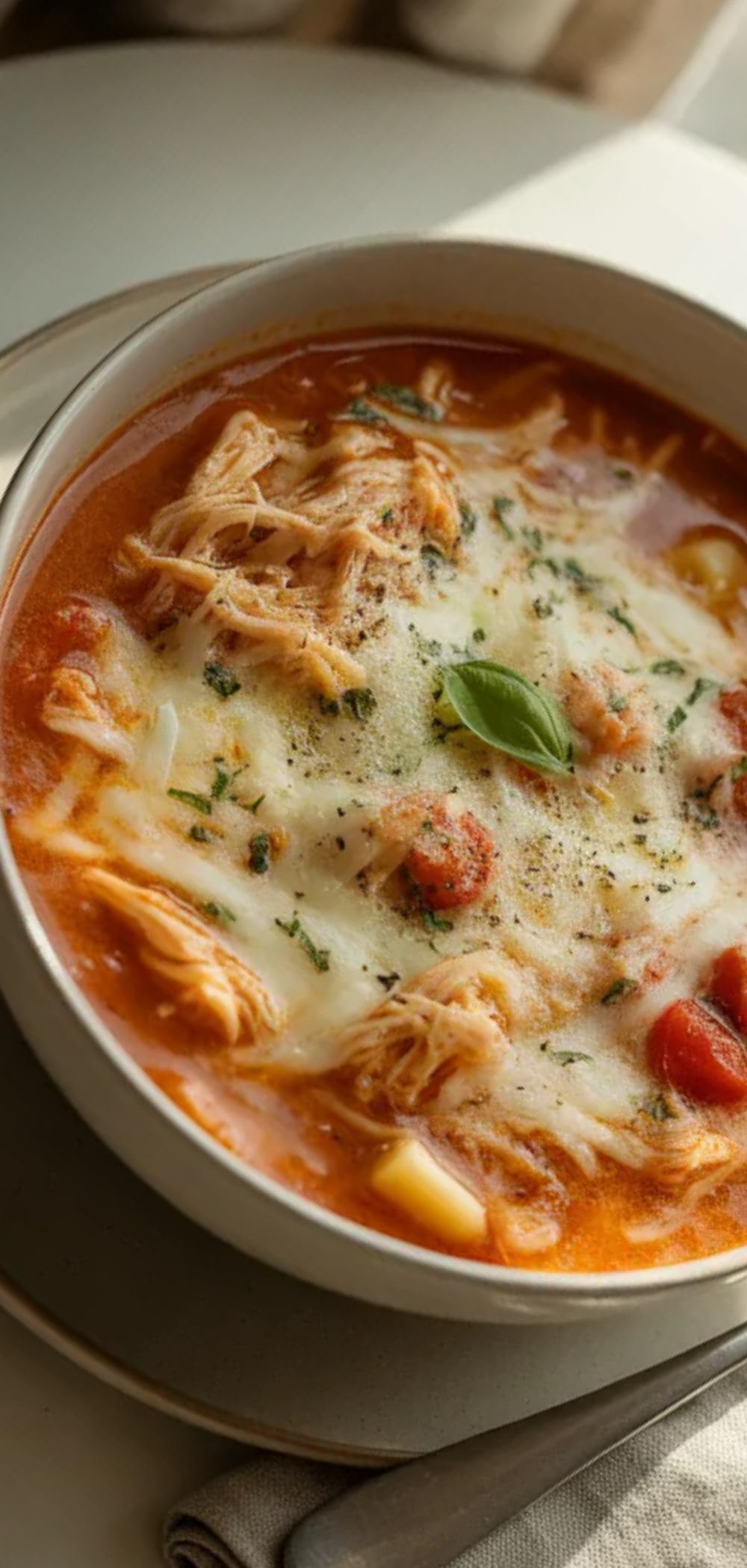 Cozy bowl of cheesy chicken parmesan soup styled for food blog photography