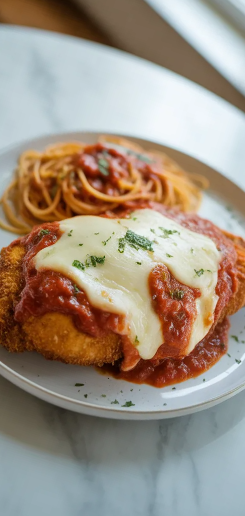 Close-up of homemade chicken parmesan with crispy coating, melted cheese, and tomato sauce served with pasta in natural soft lighting on a white table.