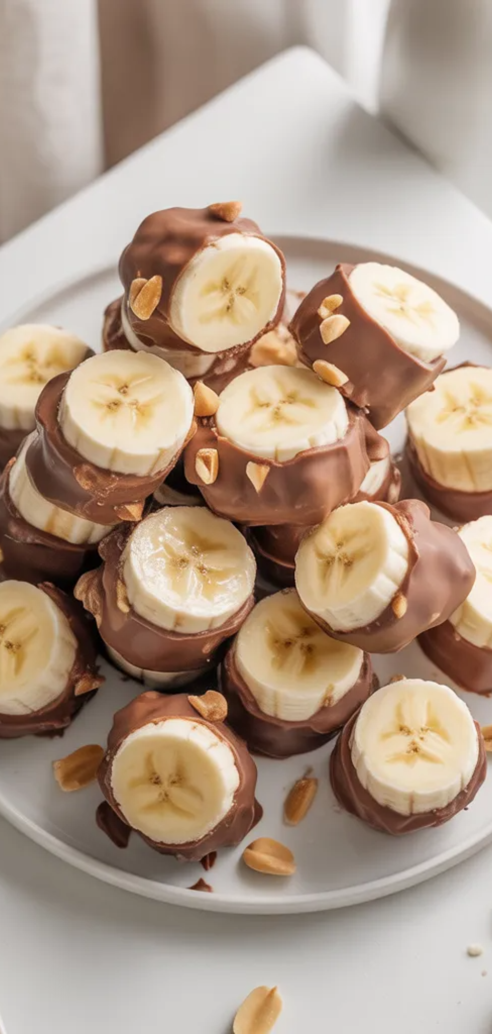 A plate of frozen banana Snickers-inspired treats made with banana, peanut butter, and chocolate, photographed in bright natural lighting.