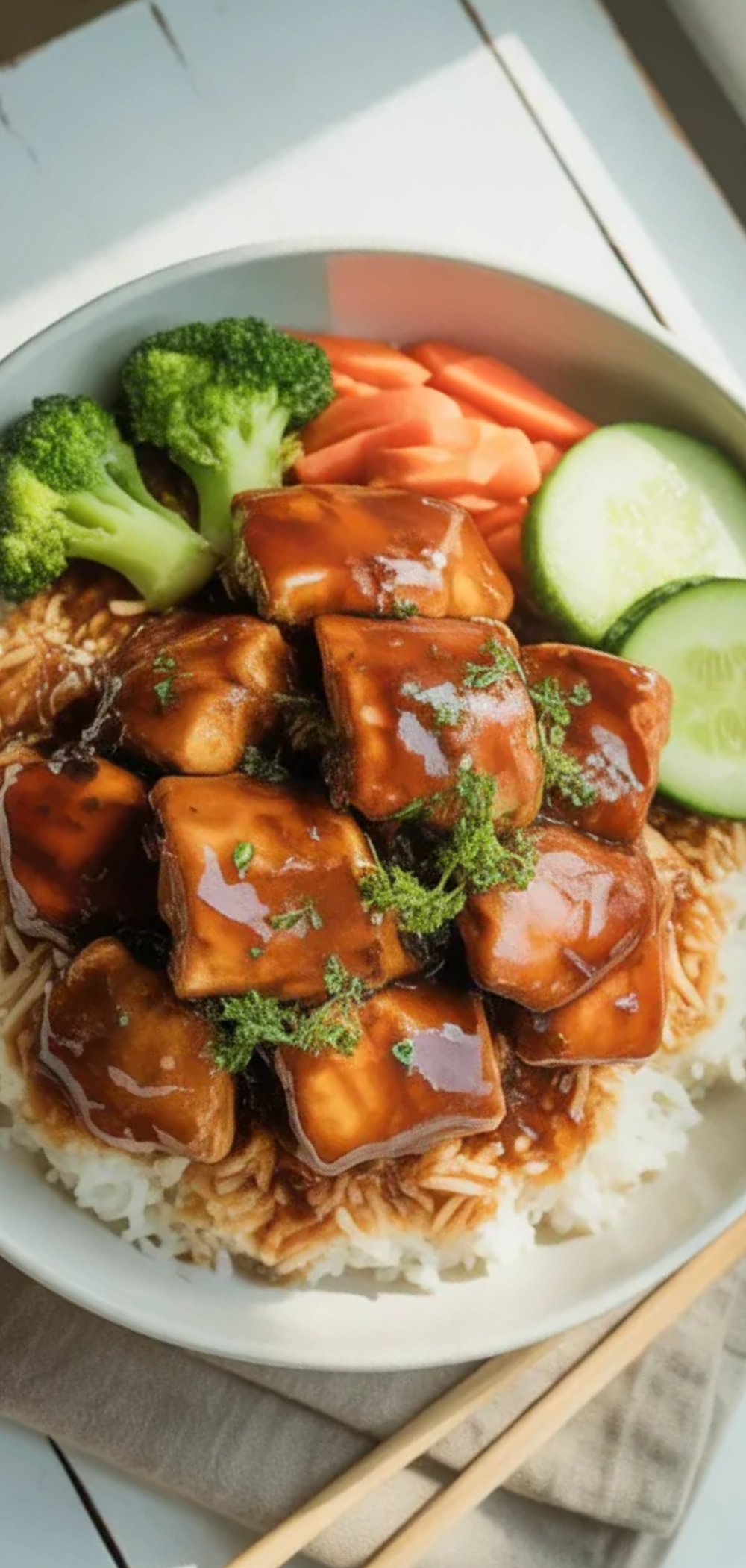 Homemade teriyaki chicken over fluffy rice with fresh vegetables in a clean, bright food photography style.