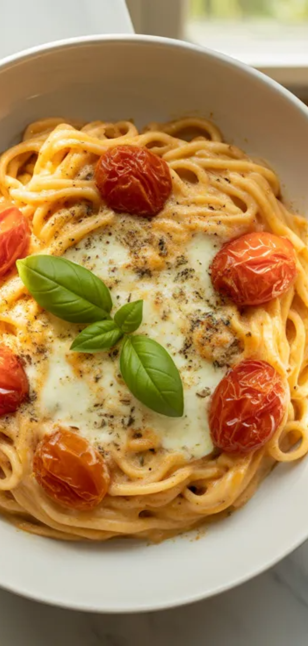 One pan baked feta pasta with juicy roasted tomatoes and creamy melted feta mixed with pasta, styled as a simple homemade dinner.