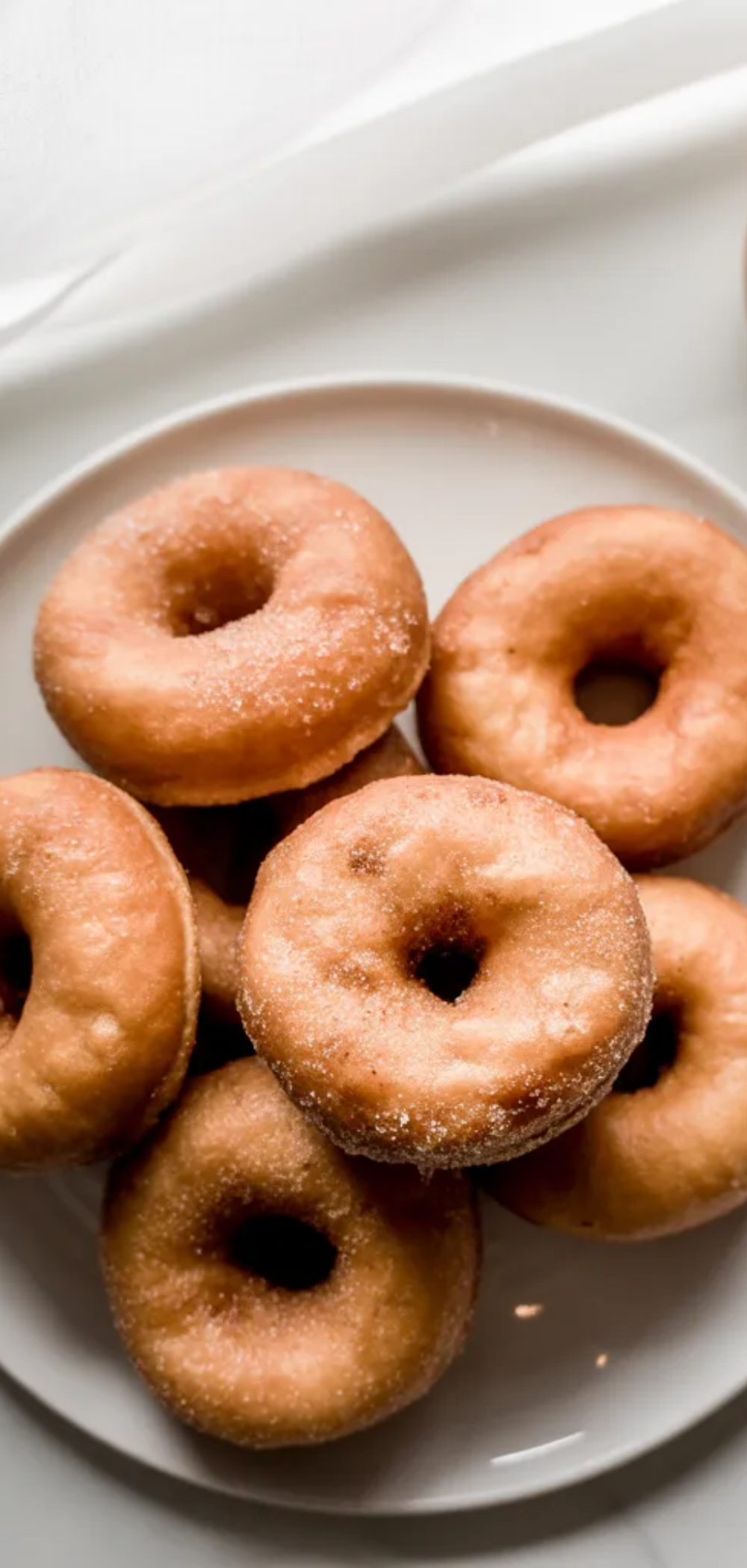 Freshly made air fryer donuts arranged on a white plate with minimal styling and bright food blogger aesthetic