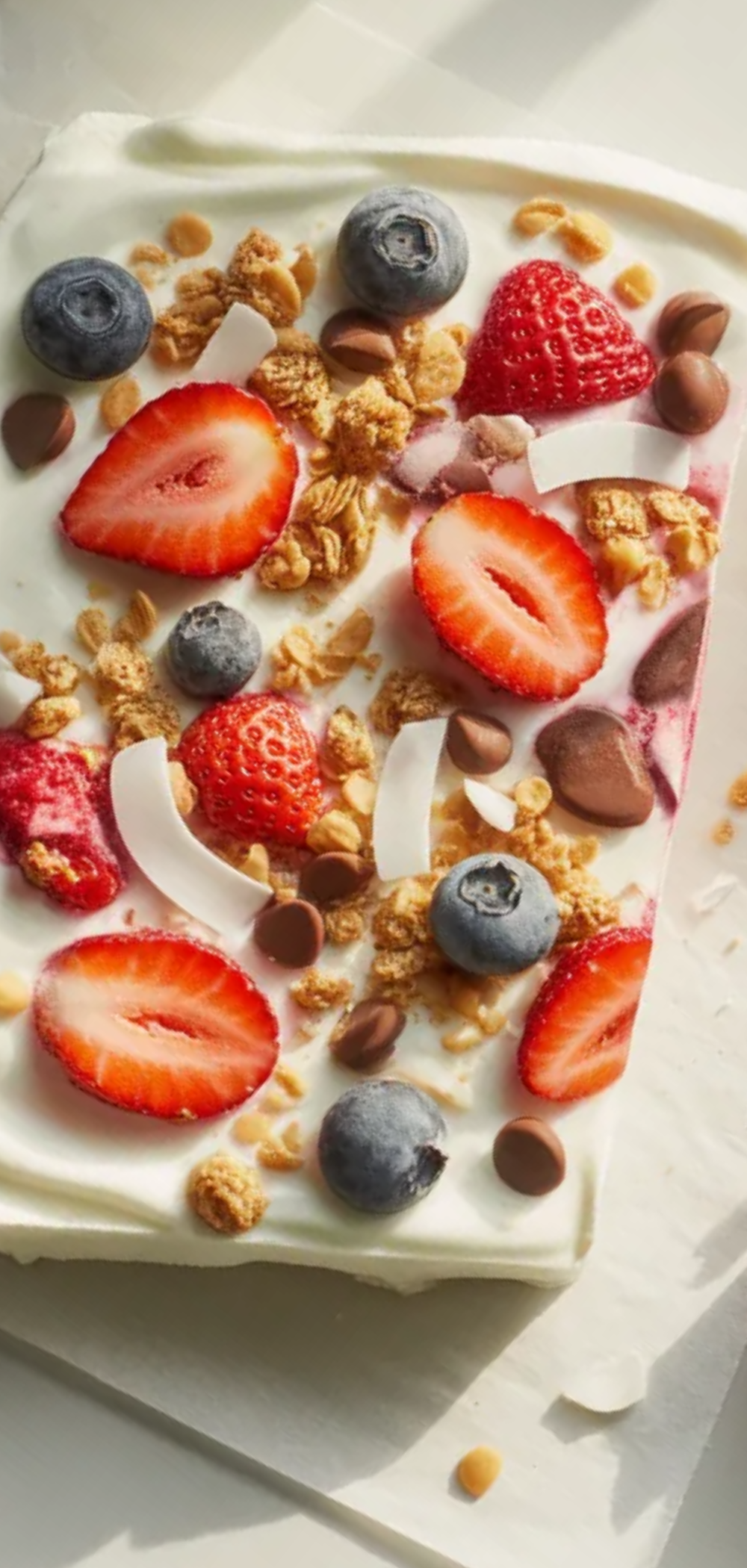 Healthy frozen yogurt bark snack with mixed fruit and toppings, arranged on parchment paper over a bright white background.

