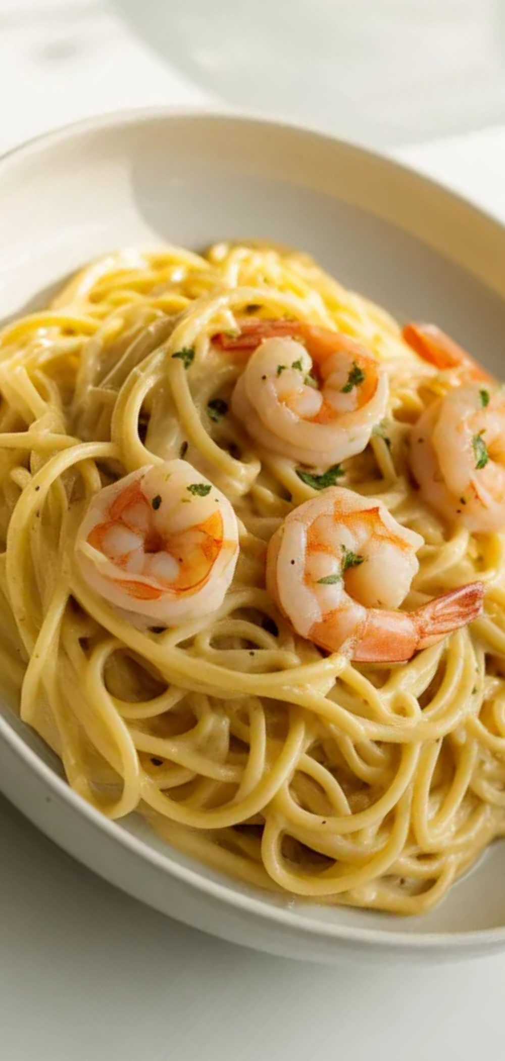 Easy garlic butter shrimp pasta recipe with creamy sauce and tender shrimp in a white bowl on a bright clean background