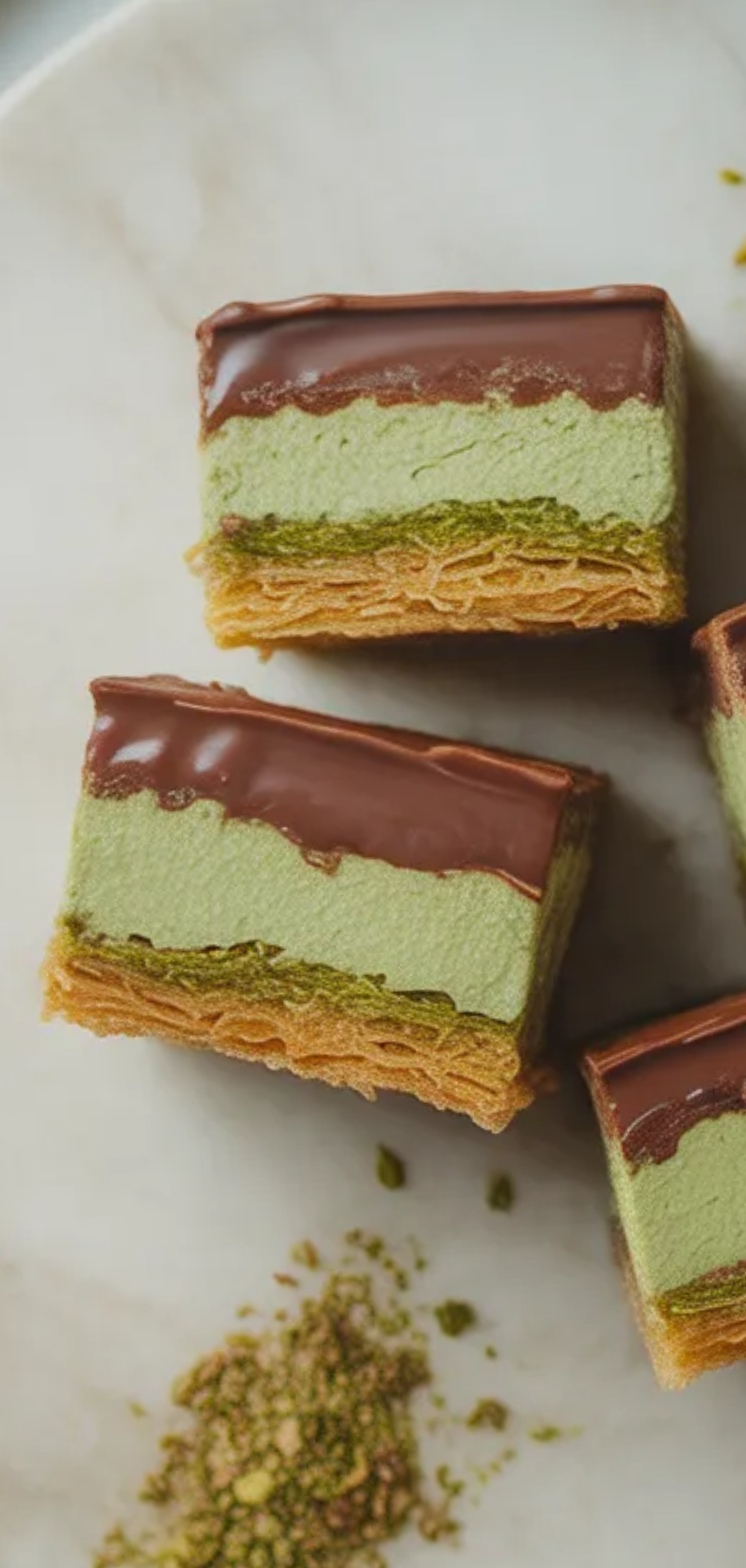 Overhead food photography of sliced pistachio kunafa chocolate bars arranged neatly on a white table, with rich layers and a bakery-style presentation.

