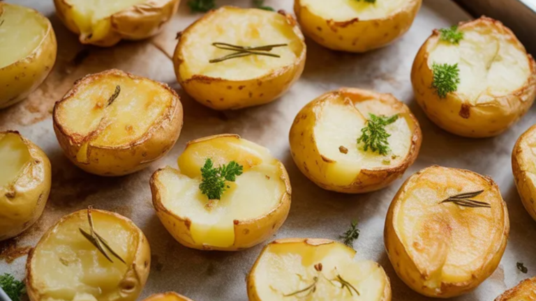 “Tray of golden crispy smashed potatoes on a white table, topped with parsley and garlic, ready to serve.”