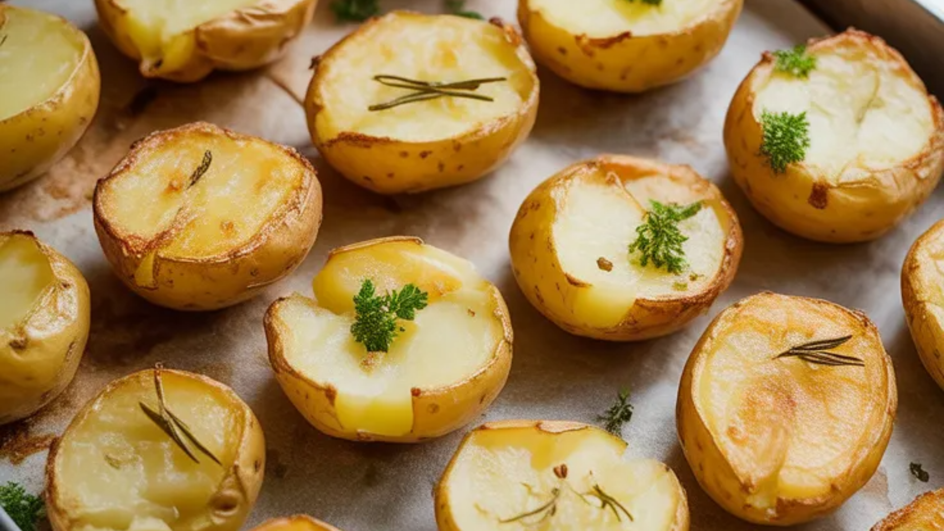 “Tray of golden crispy smashed potatoes on a white table, topped with parsley and garlic, ready to serve.”