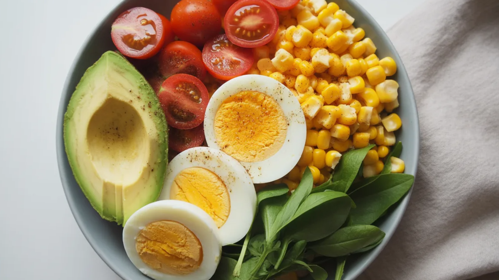 "Colorful egg, avocado, and corn power bowl with cherry tomatoes and fresh greens on a white table, natural lighting"