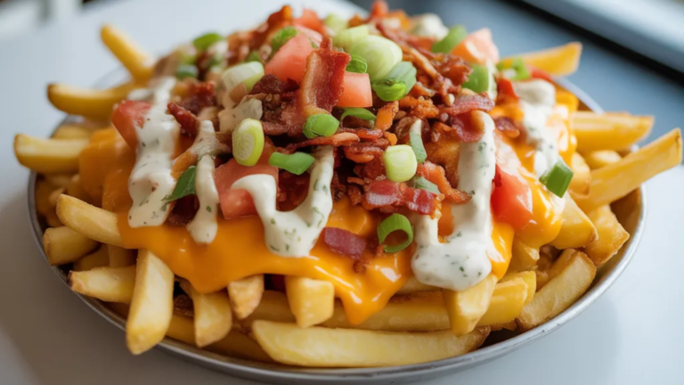 “A plate of golden crispy loaded fries topped with melted cheddar cheese, crumbled bacon, green onions, diced tomatoes, and a drizzle of ranch dressing on a white table.”