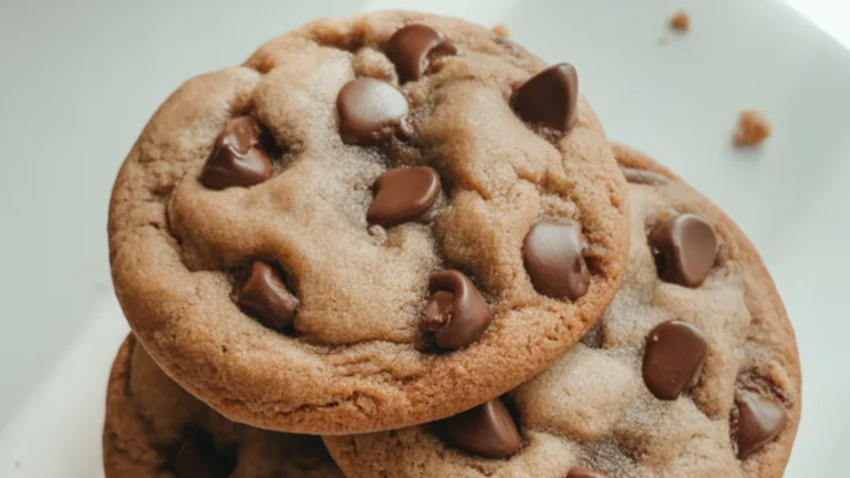“Stack of freshly baked brown butter chocolate chip cookies on a white table with chocolate chips visible”