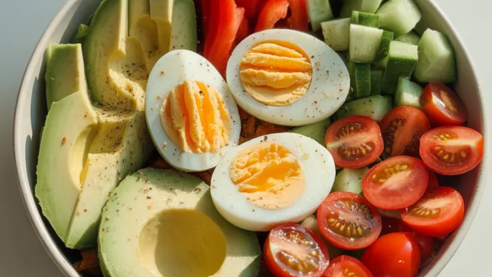 “High-protein avocado egg bowl with boiled eggs, cherry tomatoes, cucumber, and red bell pepper on a white table.”