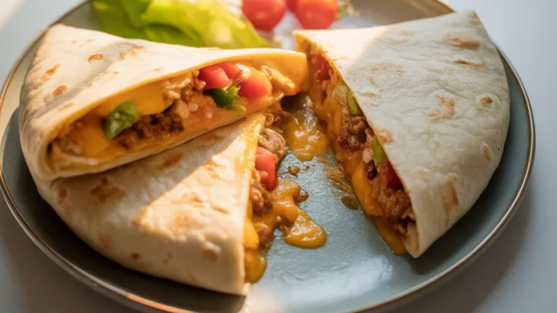A crispy folded tortilla cut in half showing melted cheese, juicy meat, and fresh colorful vegetables on a white plate.