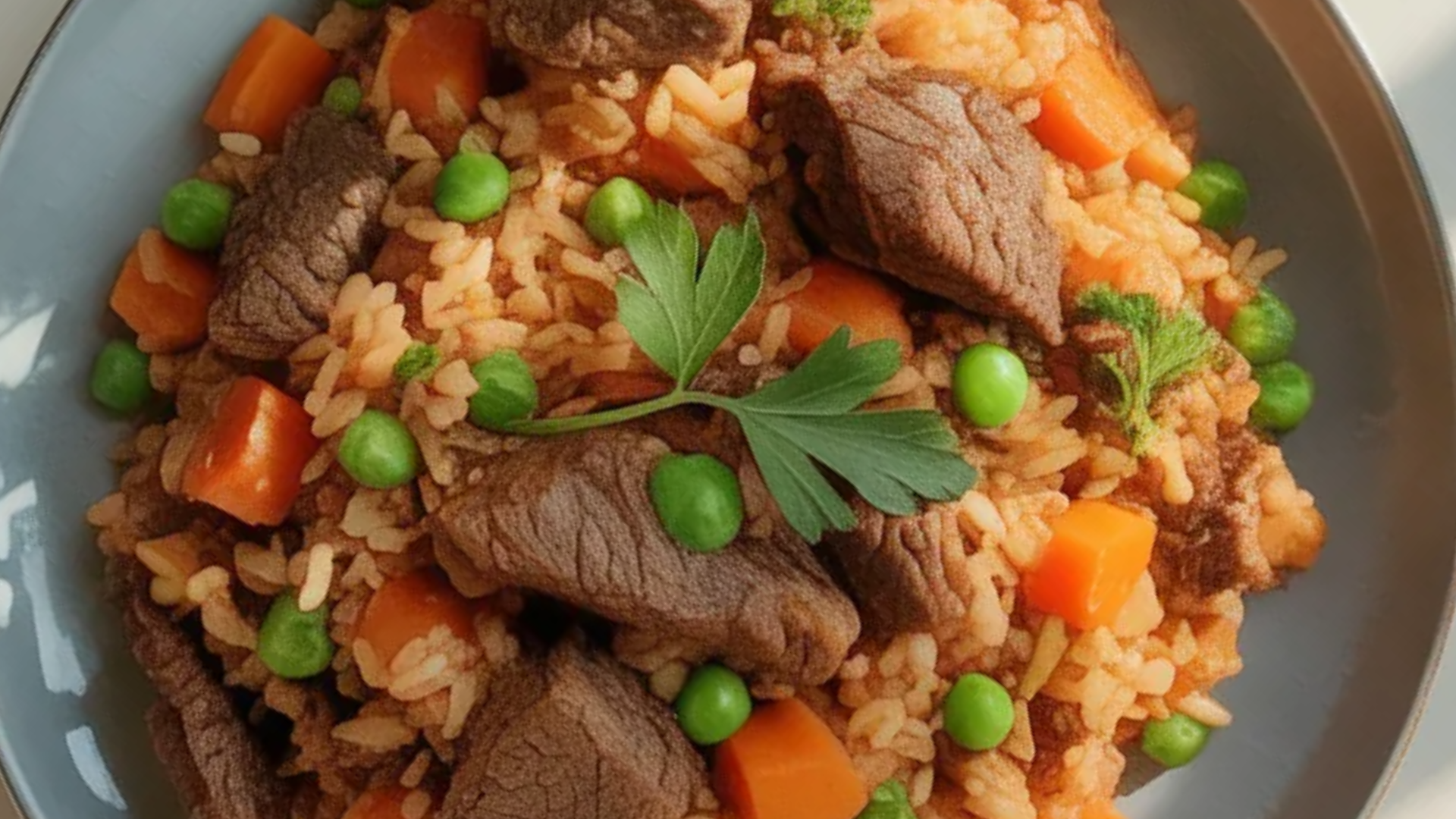 “Close-up of a hearty serving of One Pot Beef Rice on a white table, garnished with fresh parsley.”