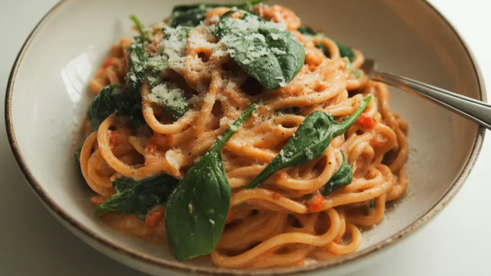 “Bowl of creamy tomato spinach pasta with grated Parmesan on a white table, fresh spinach on top, ready to serve.”