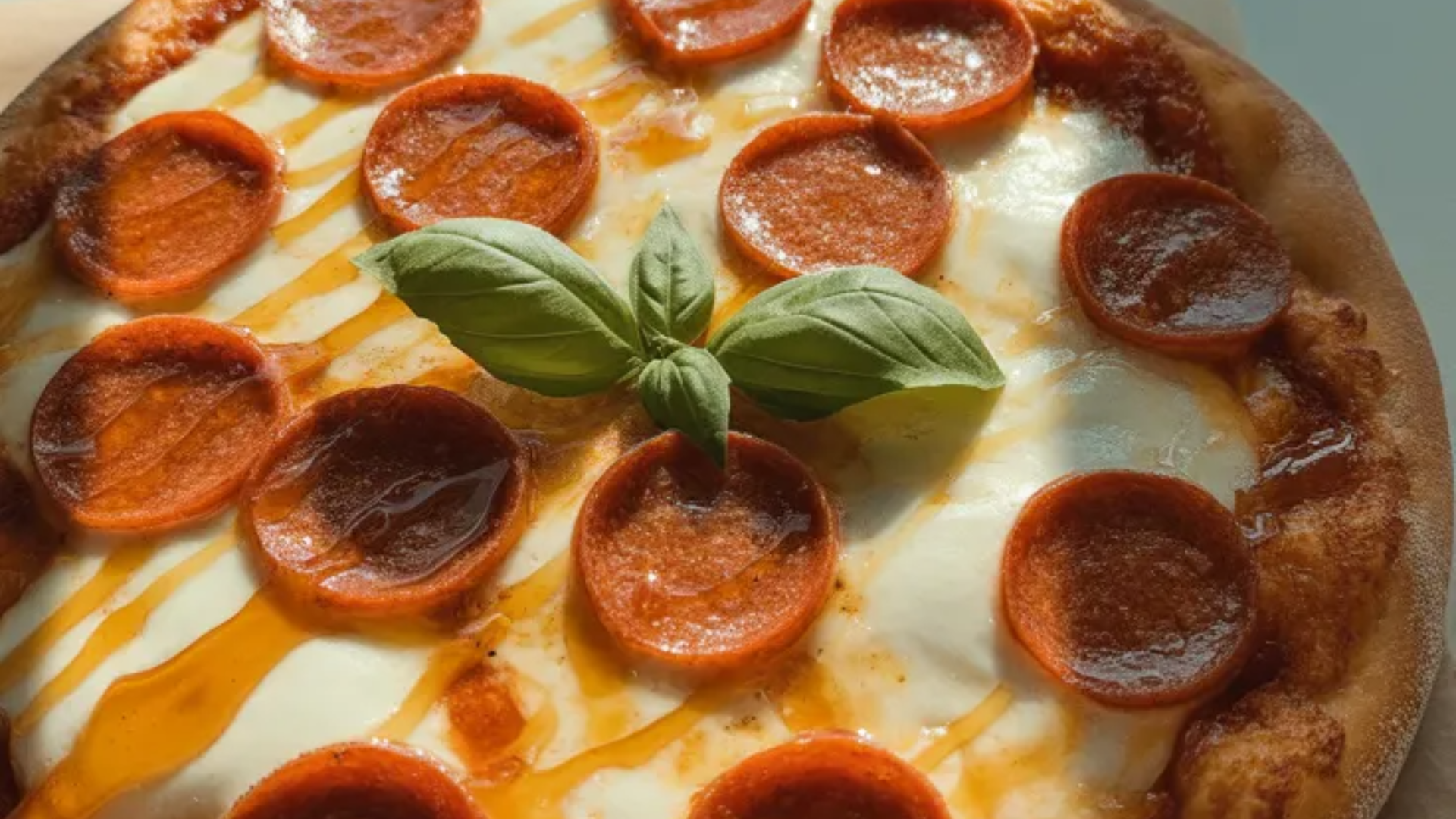 Close-up of a freshly baked Hot Honey Pizza with golden crust, melted mozzarella, pepperoni, chili flakes, and drizzled honey on a white table.