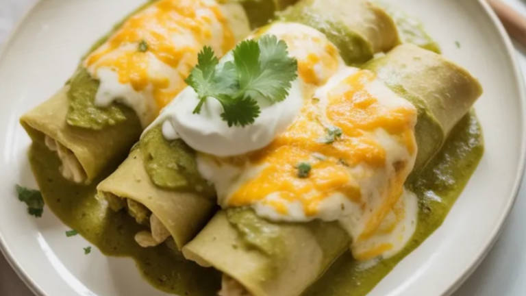Creamy green chicken enchiladas topped with melted cheese and fresh cilantro served on a white plate with soft natural lighting