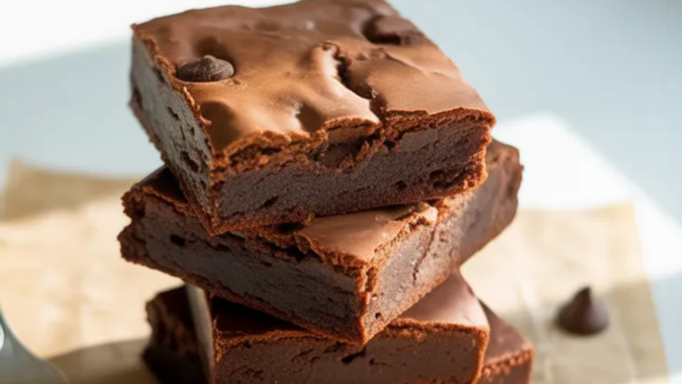“Stack of homemade chocolate protein brownies on a white table with chocolate chips scattered around.”