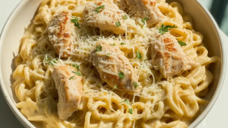 Creamy one-pot chicken Alfredo pasta in a white bowl, topped with Parmesan cheese and fresh parsley on a bright white table.