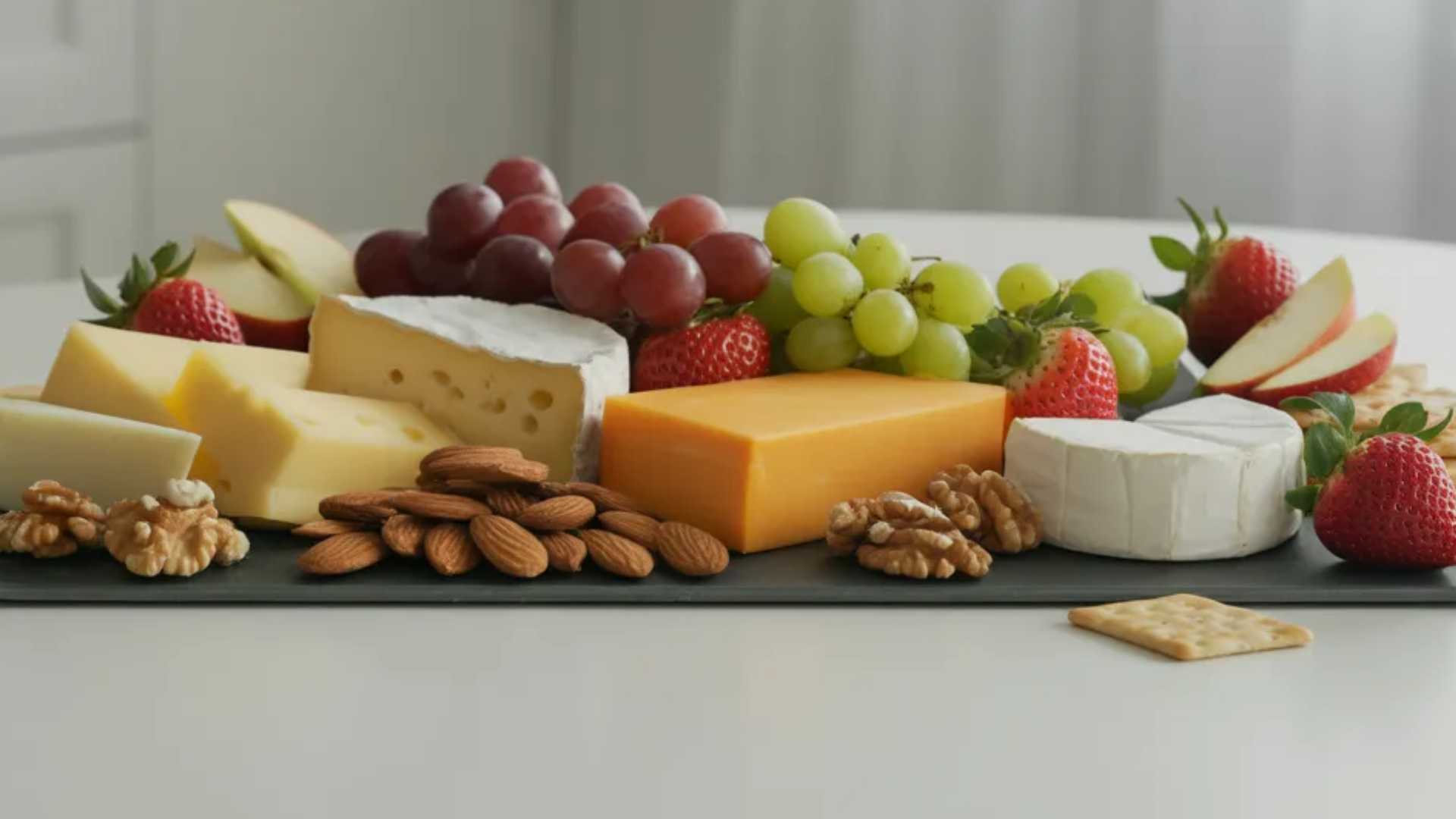A snack board with sliced cheese, fresh fruits, mixed nuts, and crackers arranged on a white table in natural light.