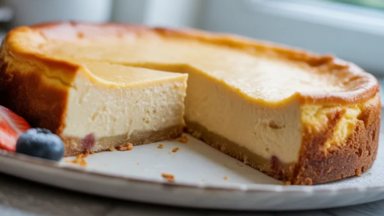 A creamy homemade 3 ingredient cheesecake on a white plate topped with fresh strawberries, styled on a bright white table with natural light.