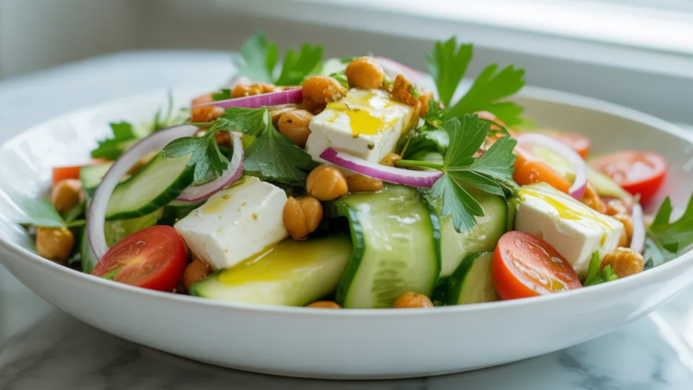 Close-up of a healthy cucumber feta salad with crispy cucumbers, crumbled feta, cherry tomatoes, and crunchy toppings.