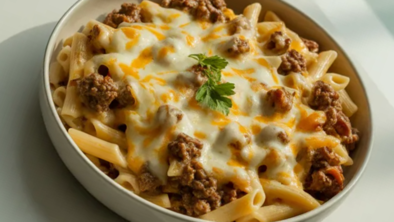 Cheesy beef pasta skillet served in a white bowl on a clean white table with melted cheese and ground beef, soft natural lighting