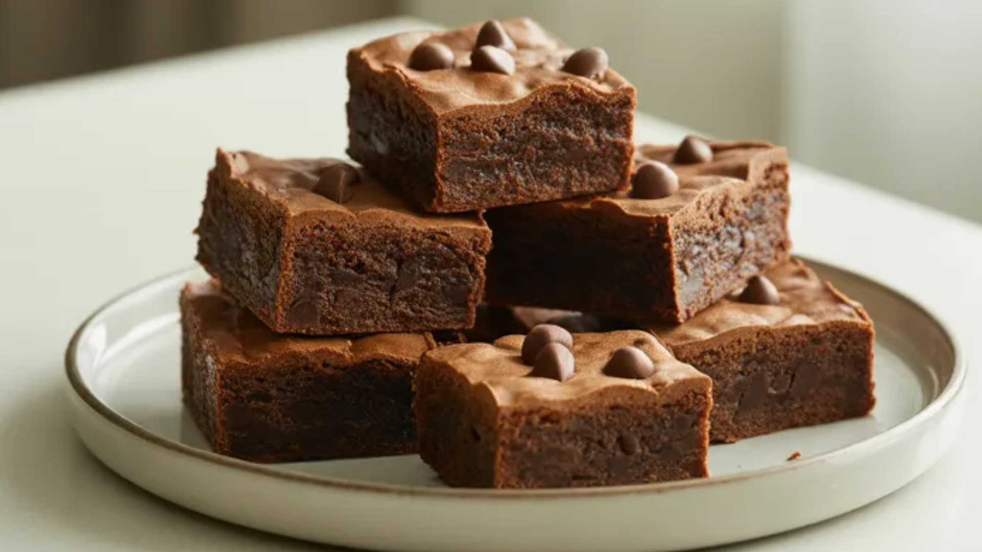 Soft and fudgy protein brownies cut into squares on a white plate on a clean white table with natural light