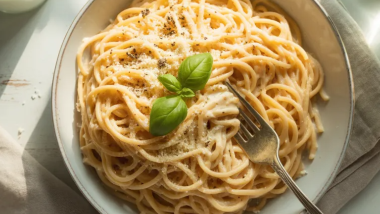 Creamy cottage cheese pasta served in a white bowl with fresh basil and parmesan on top, styled on a clean white table with natural soft lighting.