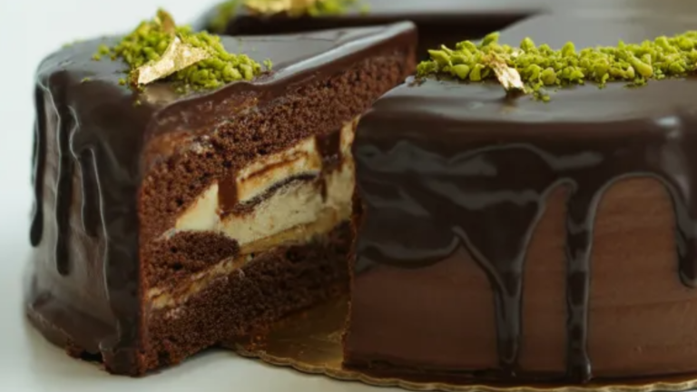 Dubai chocolate cake on a white table with glossy ganache and pistachio topping and a slice showing creamy layers inside